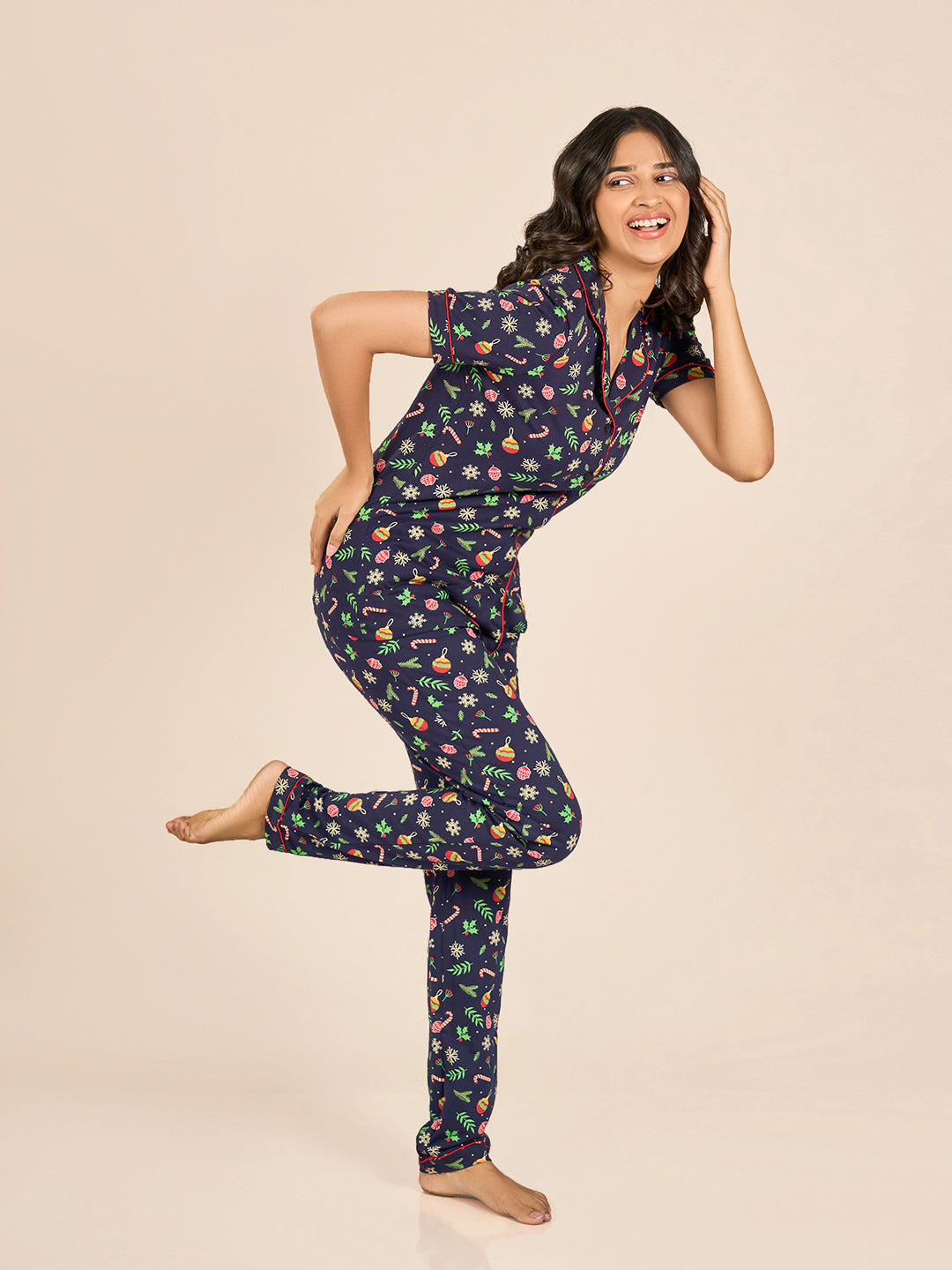 Pageant Navy Blue Printed Cotton Nightwear Set