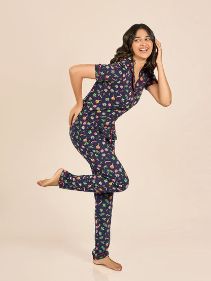 Pageant Navy Blue Printed Cotton Nightwear Set