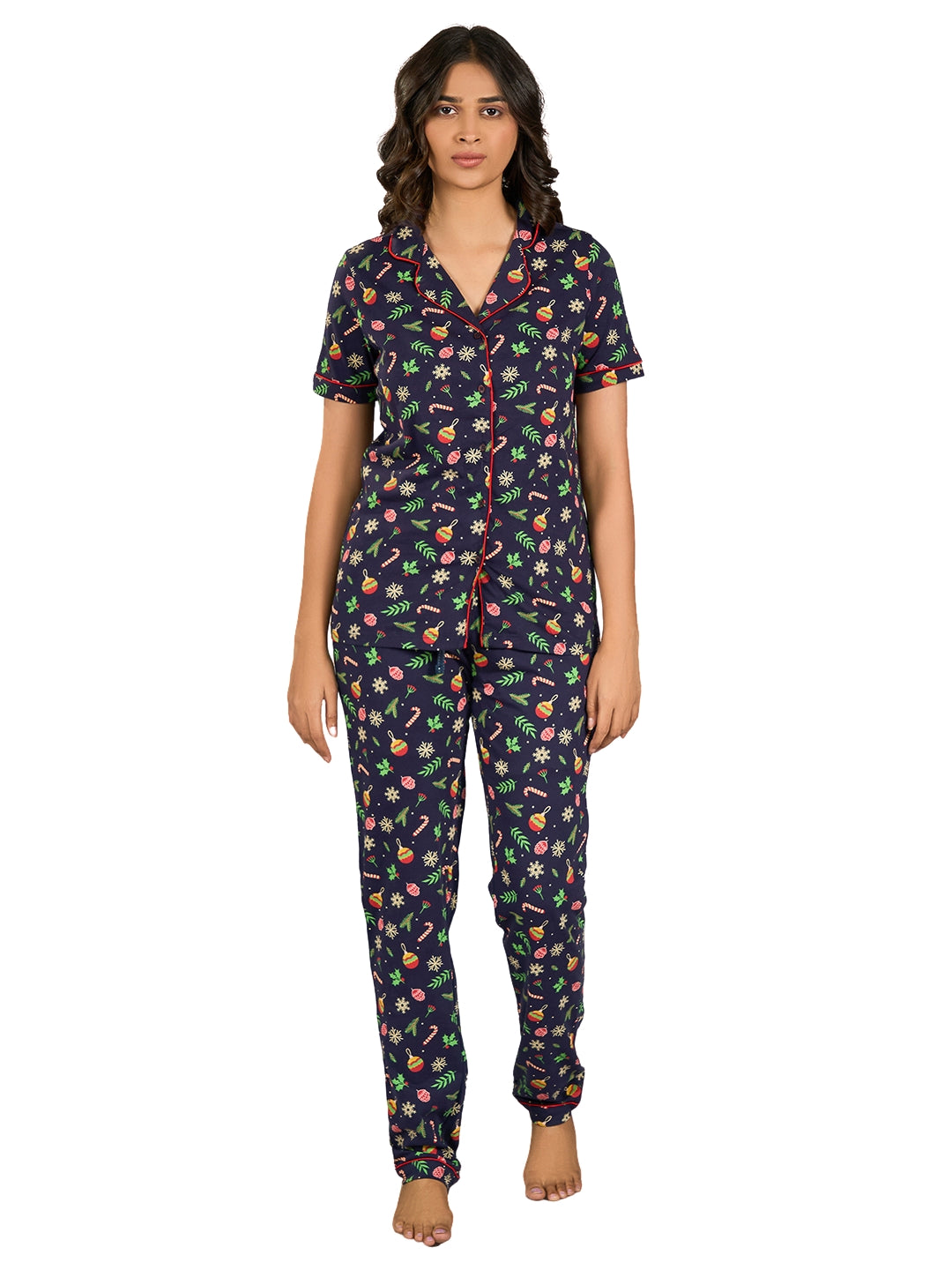 Pageant Navy Blue Printed Cotton Nightwear Set