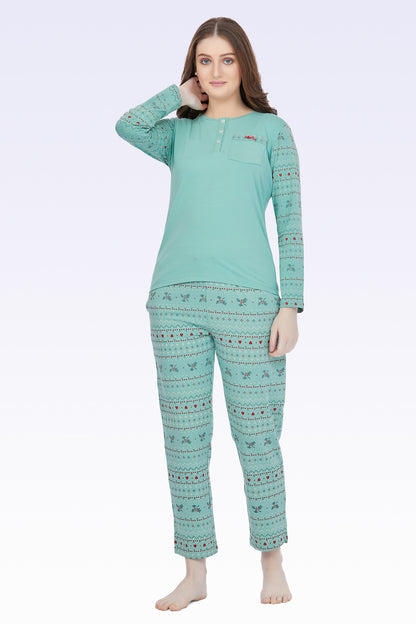 Maysixty® Women 100% Cotton Green Printed Full Sleeve T-Shirt With Pyjama