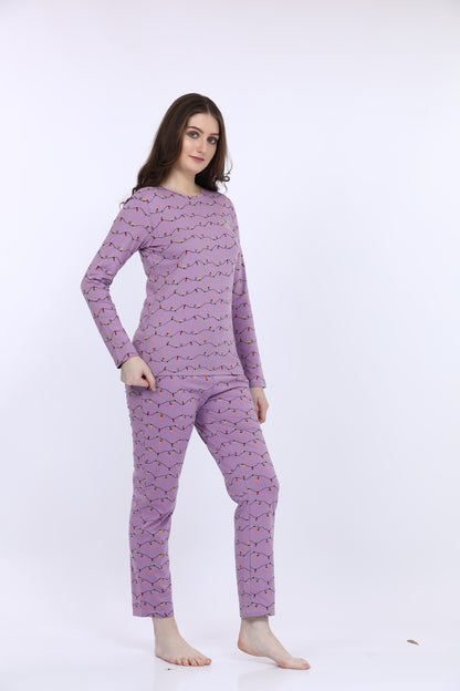 Maysixty® Women 100% Cotton Purple Printed Full Sleeve T-Shirt With Pyjama