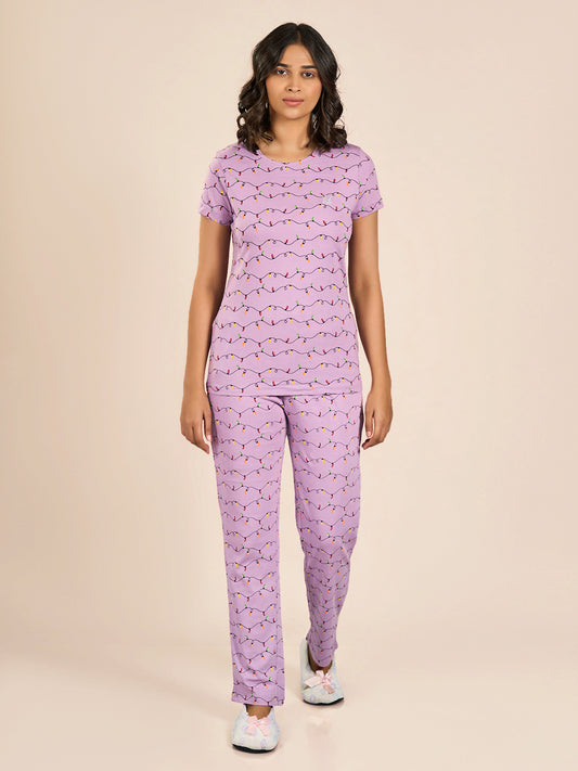 Purple Round Neck Shorts Sleeve Printed Top & Pyjama Set