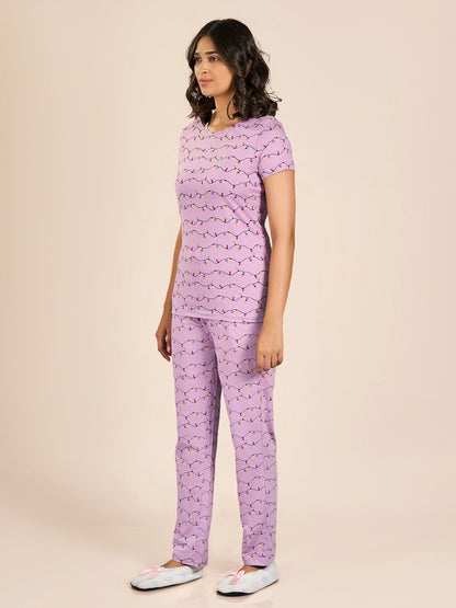 Purple Round Neck Shorts Sleeve Printed Top & Pyjama Set