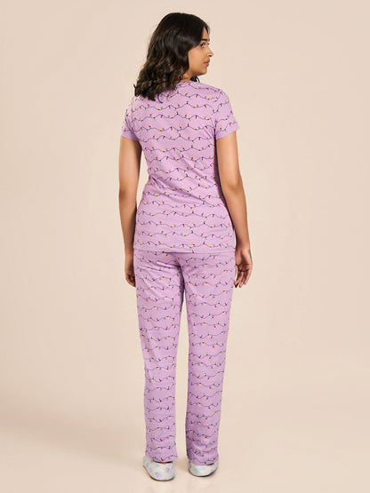 Purple Round Neck Shorts Sleeve Printed Top & Pyjama Set