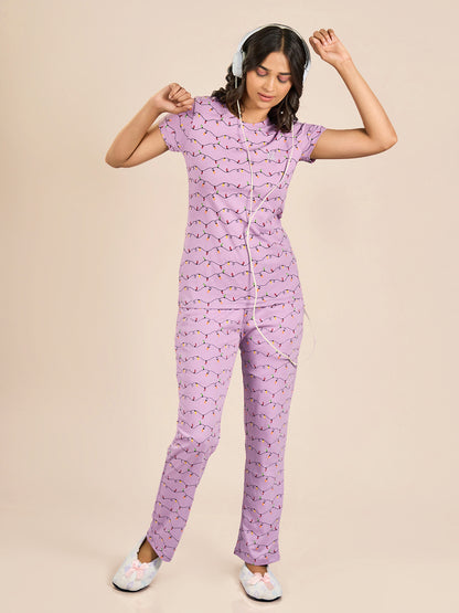 Purple Round Neck Shorts Sleeve Printed Top & Pyjama Set