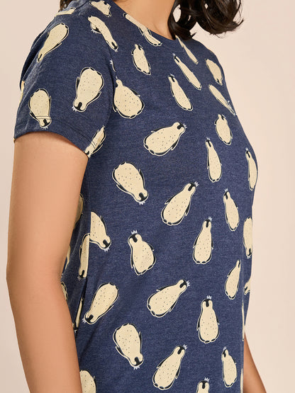 Blue Round Neck Shorts Sleeve Cartoon Printed Nighty