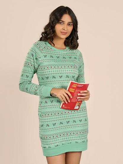 Green Round Neck Full Sleeve Printed Nighty