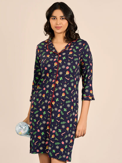 Blue Collored 3/4Th Sleeve Printed Nighty