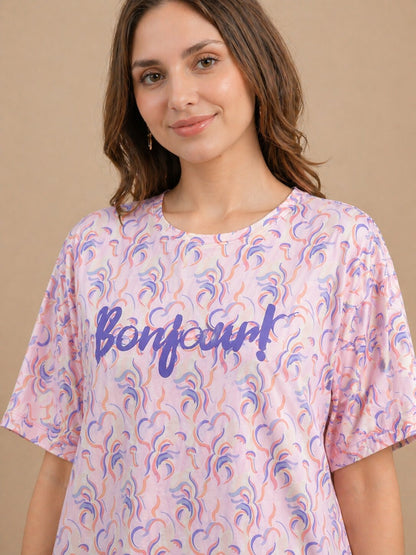 Women’s Printed Short Nighty – Peach