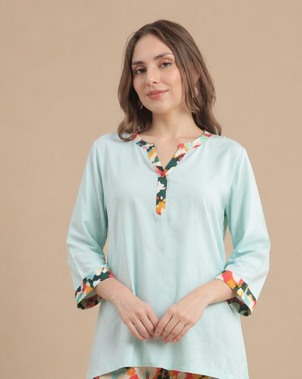 Women’s Printed Half Sleeve T-Shirt & Pyjama Set – Sand Brown and Blue