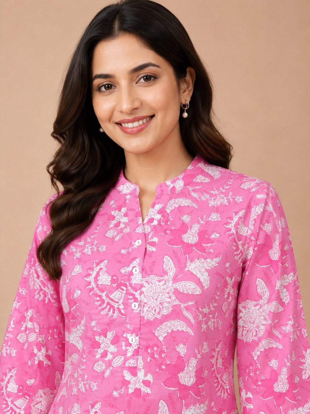 Women's Printed Casual Wear Cotton Blend Kurta - Pink