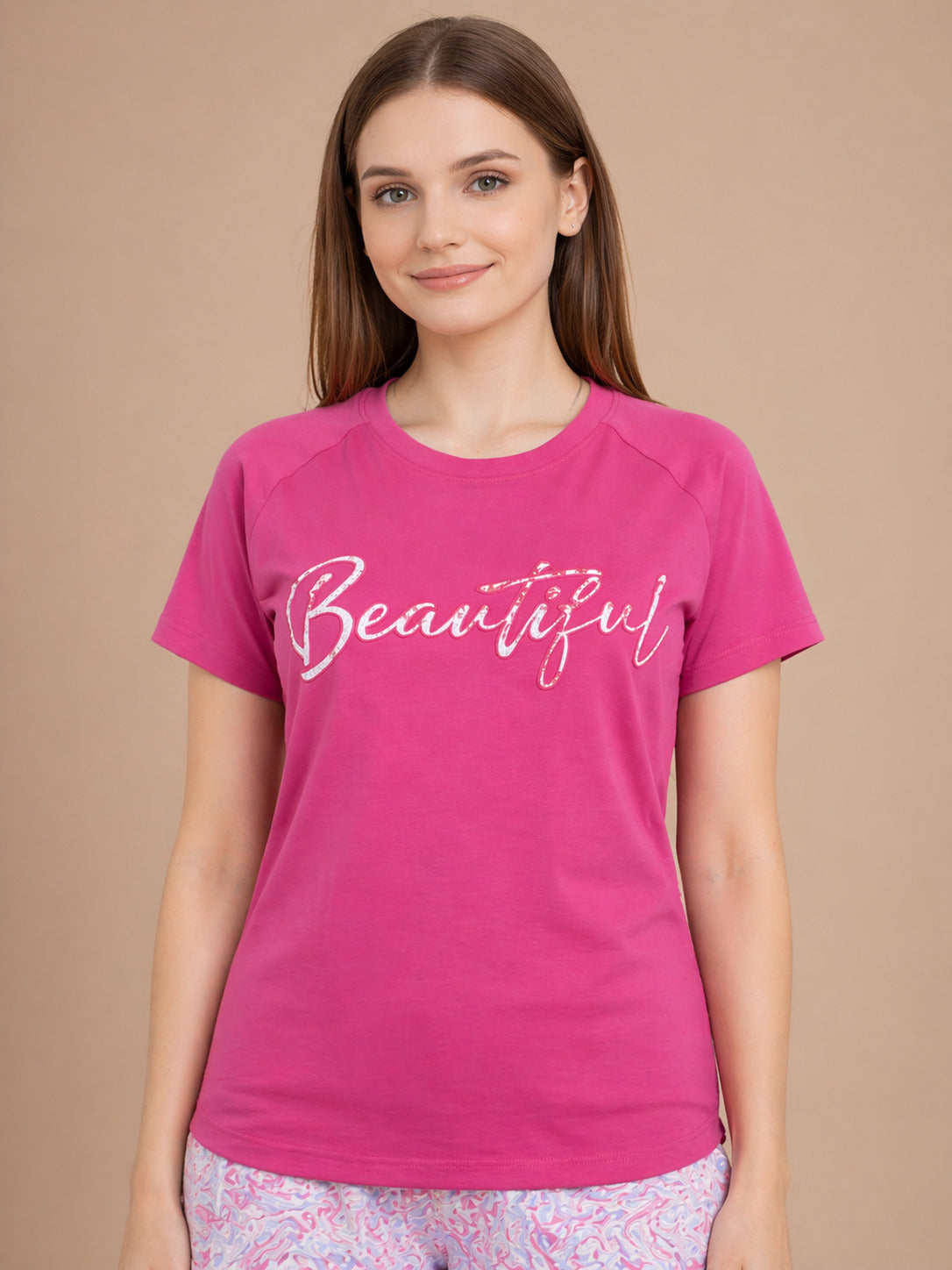 Women’s Printed Half Sleeve T-Shirt & Shorts Set – Pink