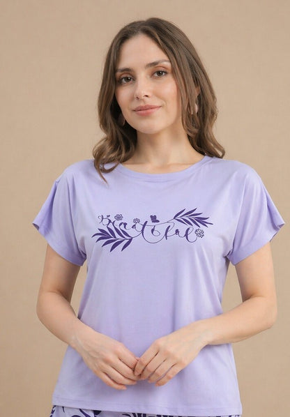 Women’s Printed Half Sleeve T-Shirt & Shorts Set – Lilac