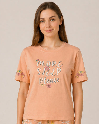 Women’s Printed Half Sleeve Rayon T-shirt & Pyjama Set Sleepwear - Coral