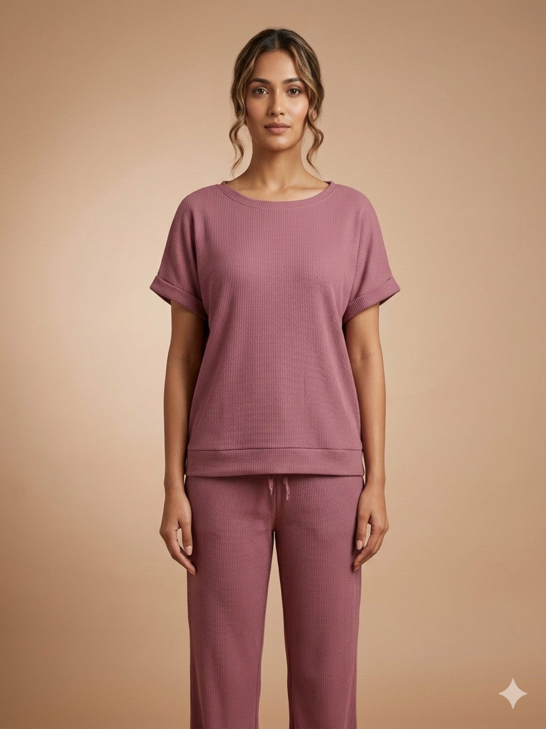 Women’s Waffle Textured Top & Bottom Set - Mauve
