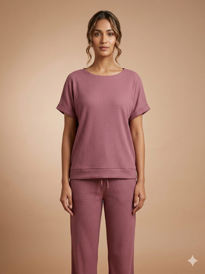 Women’s Waffle Textured Top & Bottom Set - Mauve
