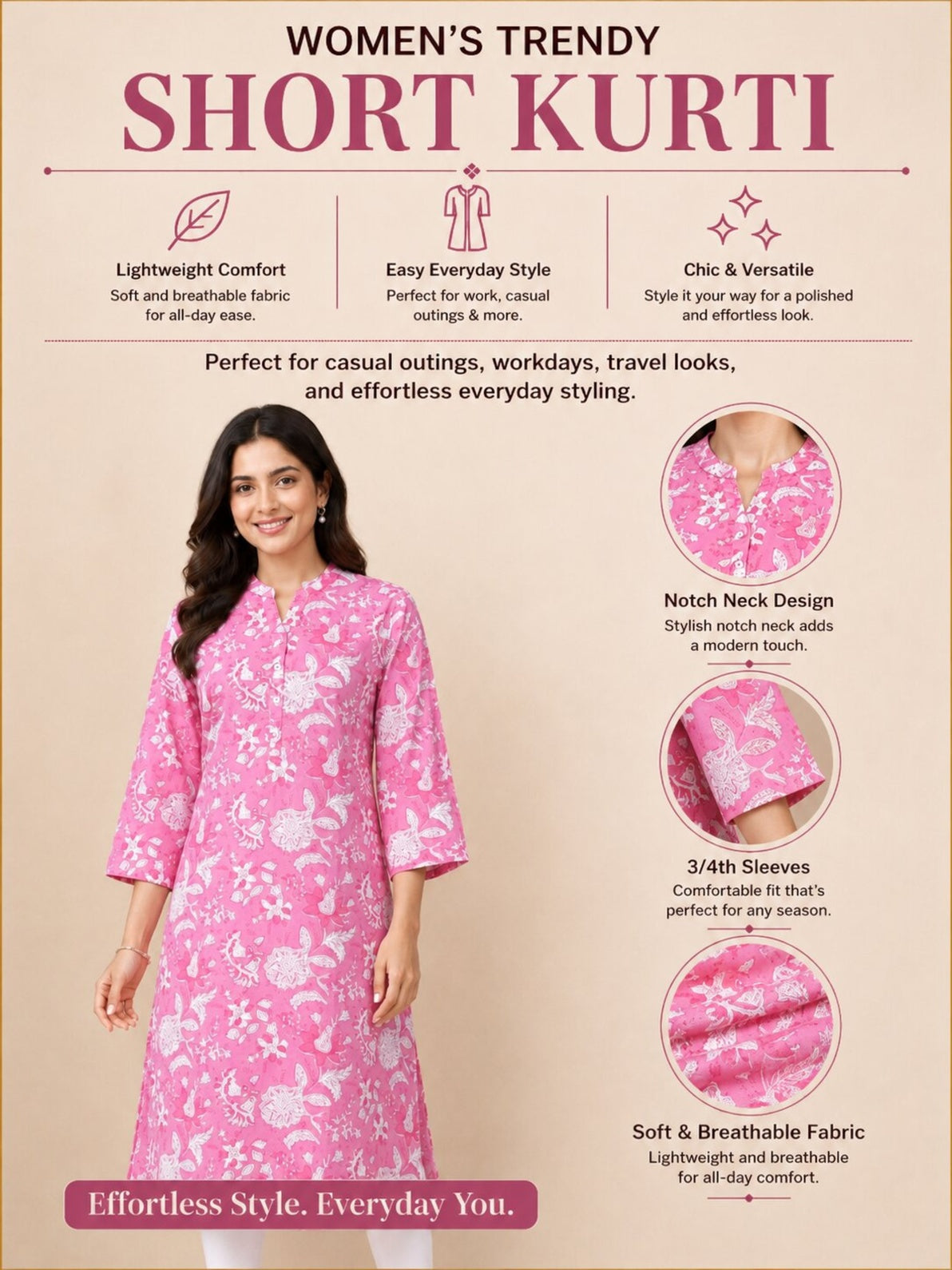 Women's Printed Casual Wear Cotton Blend Kurta - Pink