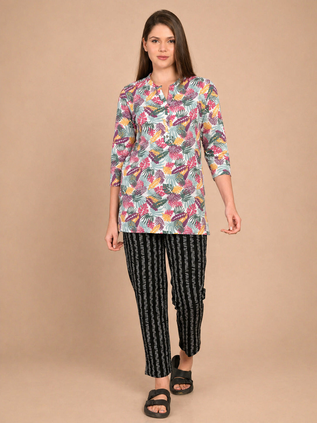 Women’s 3/4 Sleeve Printed Short Kurti – Multicolor