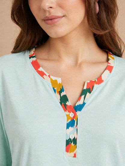 Women’s Printed Half Sleeve T-Shirt & Pyjama Set – Sand Brown and Blue