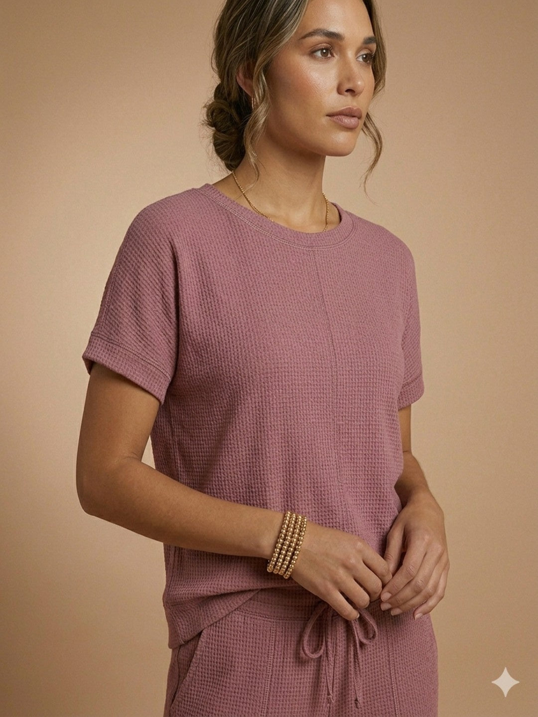 Women’s Waffle Textured Top & Bottom Set - Mauve