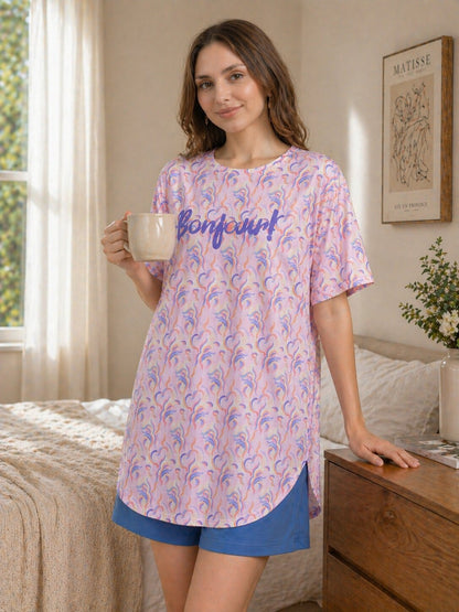 Women’s Printed Short Nighty – Peach