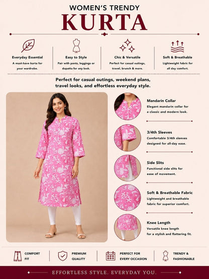 Women's Printed Casual Wear Cotton Blend Kurta - Pink