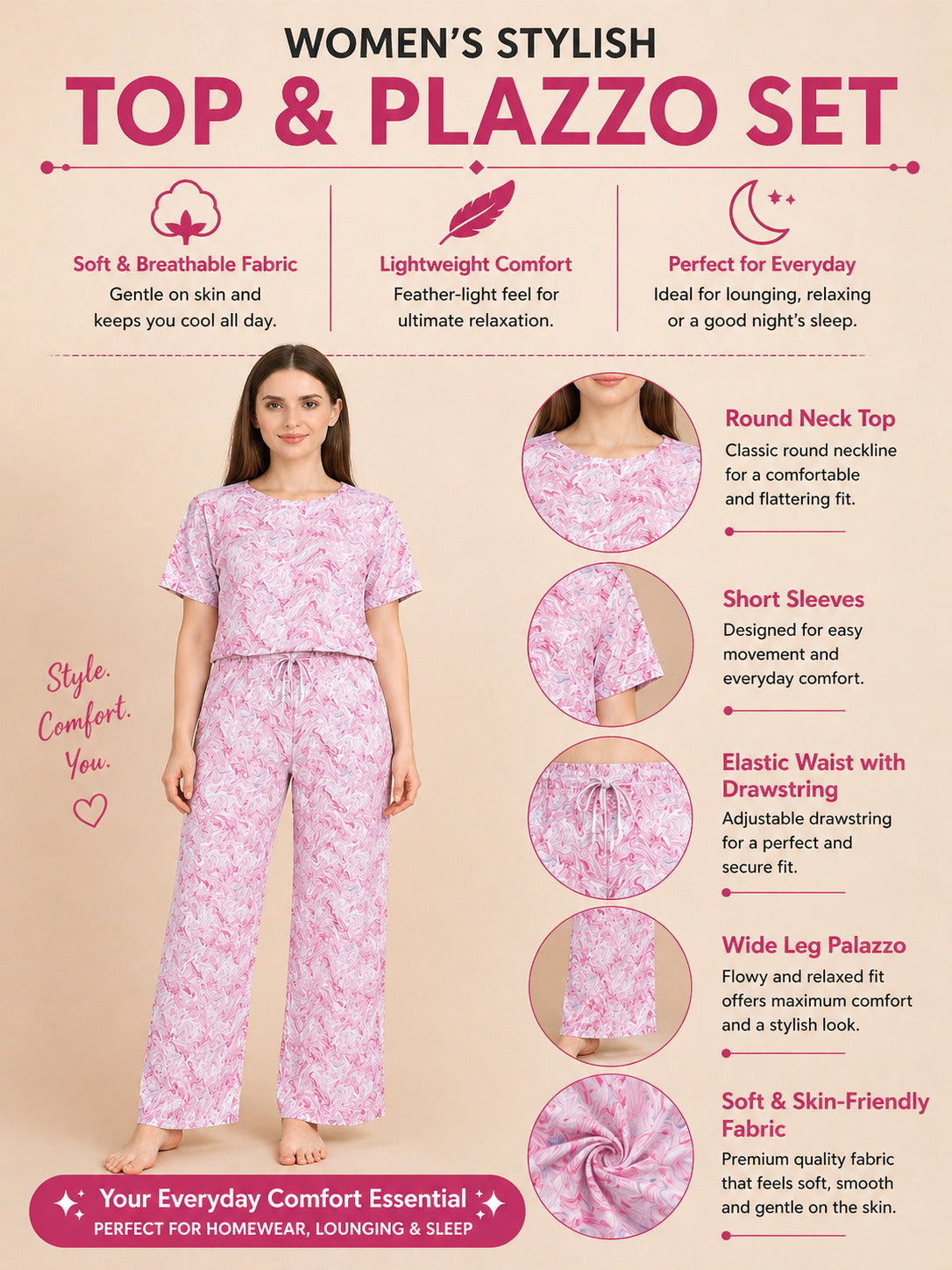 Women’s Printed Half Sleeve Top & Palazzo Set – Pink