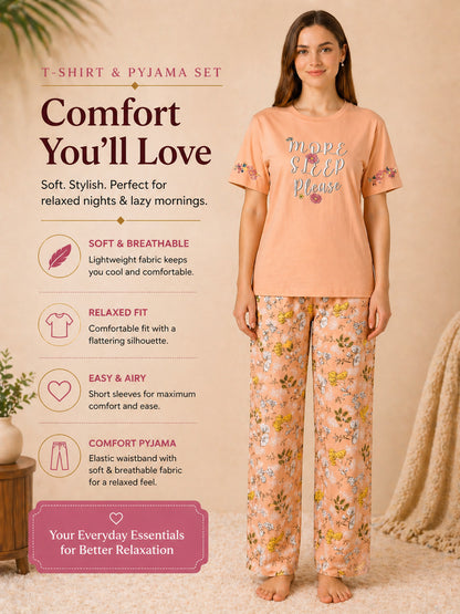 Women’s Printed Half Sleeve Rayon T-shirt & Pyjama Set Sleepwear - Coral