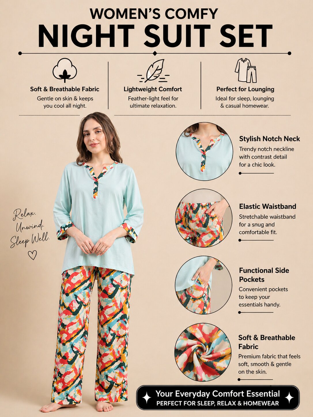 Women’s Printed Half Sleeve T-Shirt & Pyjama Set – Sand Brown and Blue