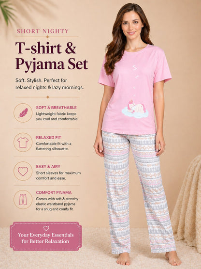 Women’s Print Half Sleeve T-Shirt & Pyjama Set – Off White