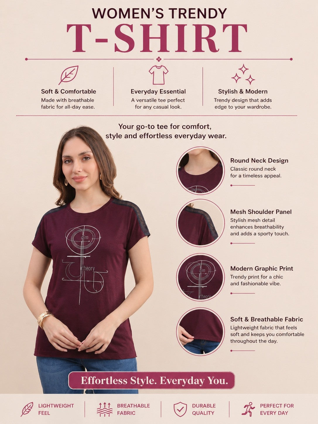 Women’s Half Sleeve Polyester Active T-Shirt – Wine