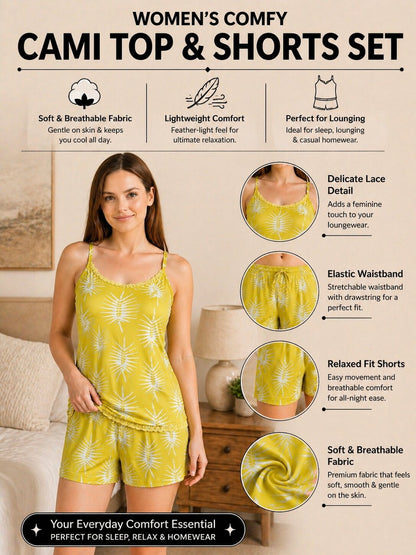 Women’s Printed Sleeveless T-Shirt & Shorts Set – Yellow