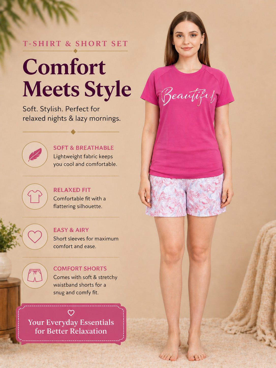 Women’s Printed Half Sleeve T-Shirt & Shorts Set – Pink