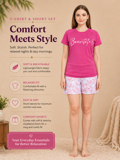 Women’s Printed Half Sleeve T-Shirt & Shorts Set – Pink