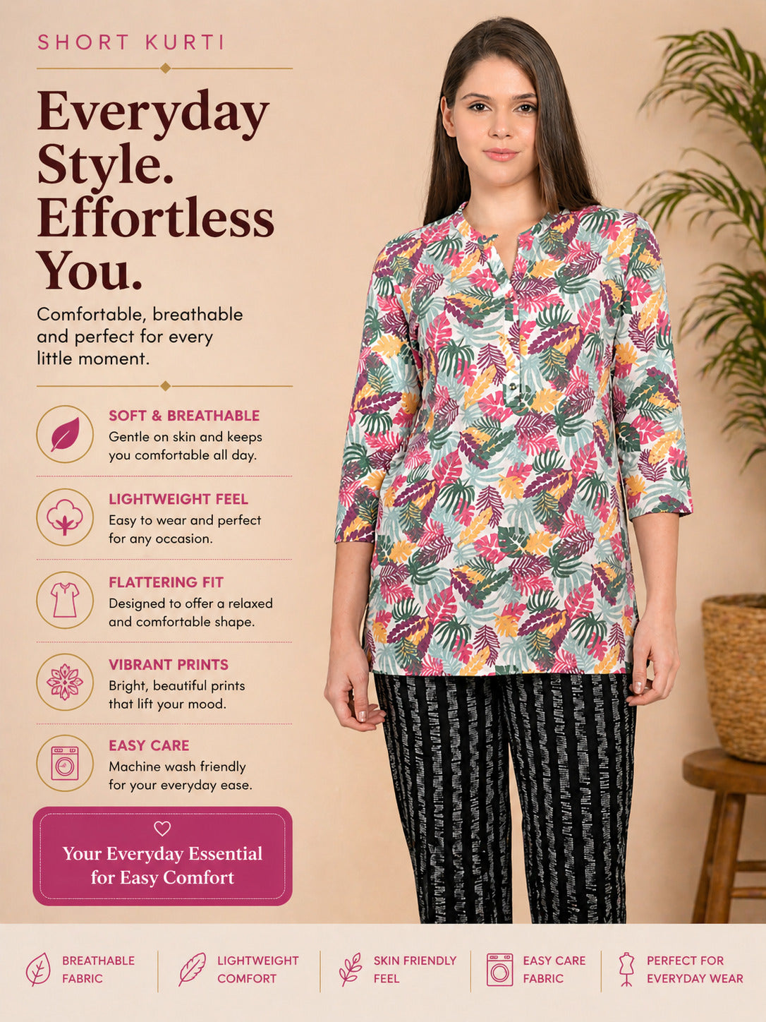 Women’s 3/4 Sleeve Printed Short Kurti – Multicolor