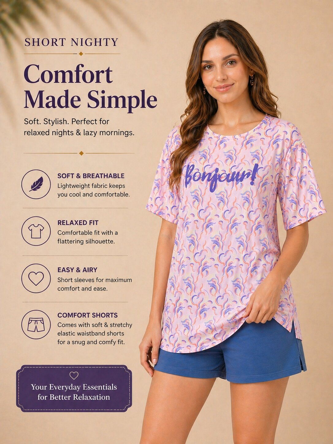 Women’s Printed Short Nighty – Peach