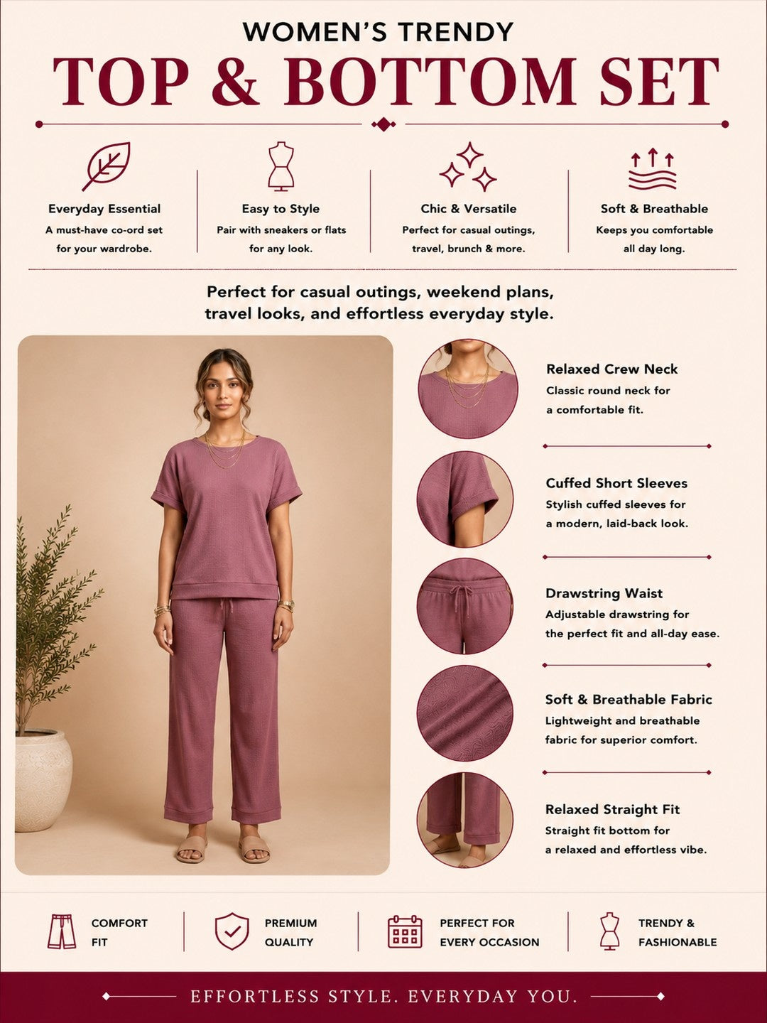Women’s Waffle Textured Top & Bottom Set - Mauve