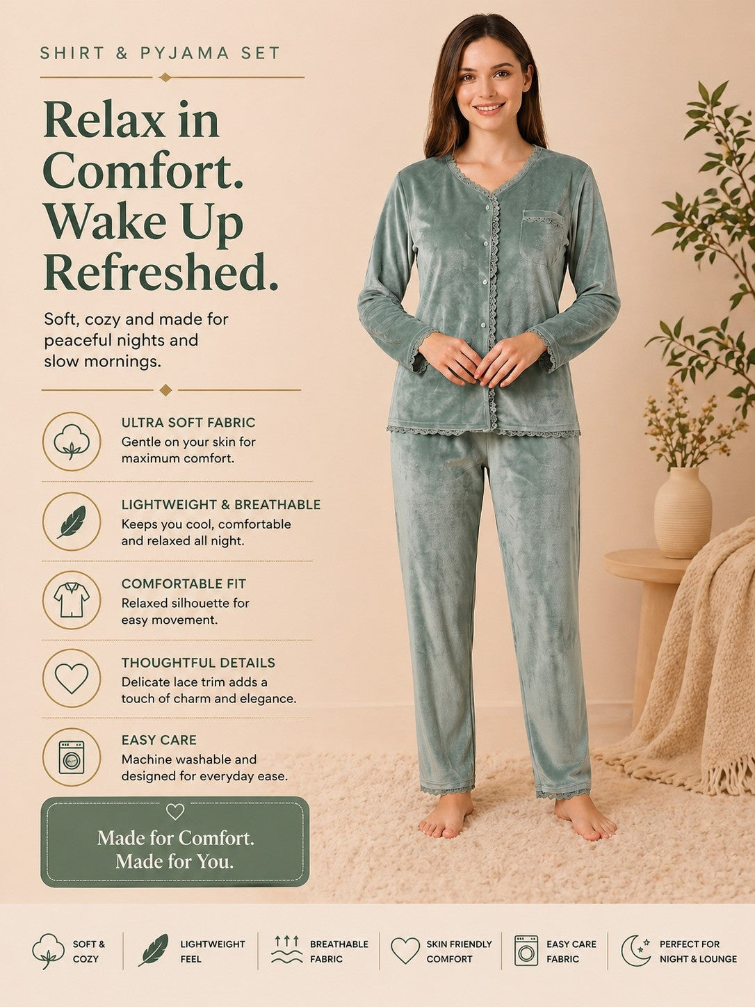 Winter Full Sleeve T-Shirt & Pant Cord Set – Sage Green