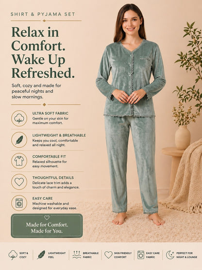 Winter Full Sleeve T-Shirt & Pant Cord Set – Sage Green