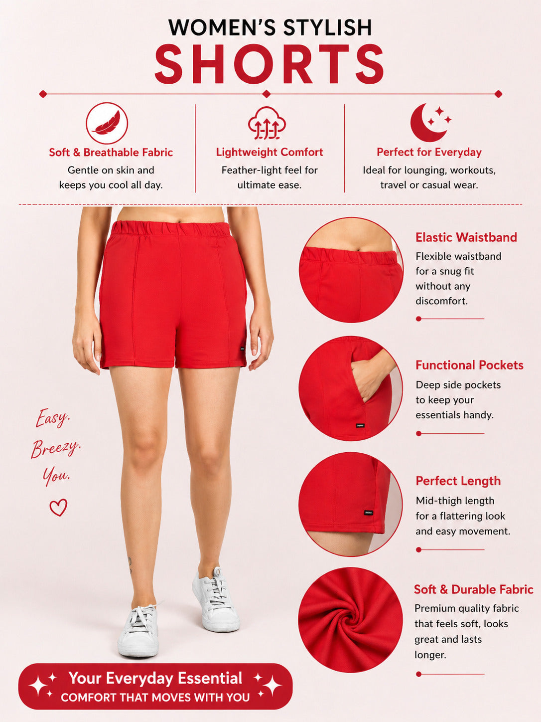Women’s Solid Athleisure Activewear Shorts – Red