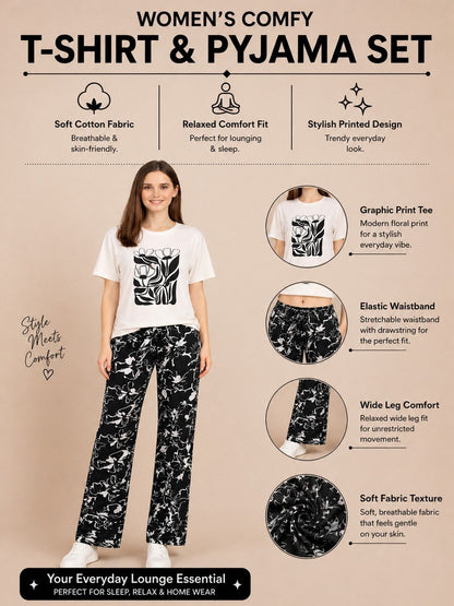 Women’s Printed Half Sleeve Cotton T-Shirt & Pyjama Set – Off White