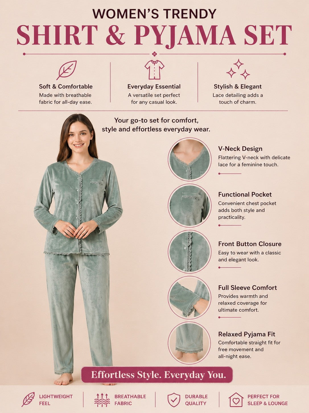 Winter Full Sleeve T-Shirt & Pant Cord Set – Sage Green