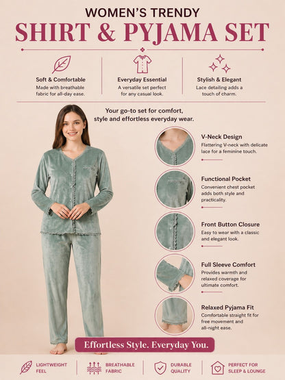 Winter Full Sleeve T-Shirt & Pant Cord Set – Sage Green