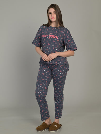 Round Neck Navy Blue Half Sleeve Tshirt & Pyjama Set