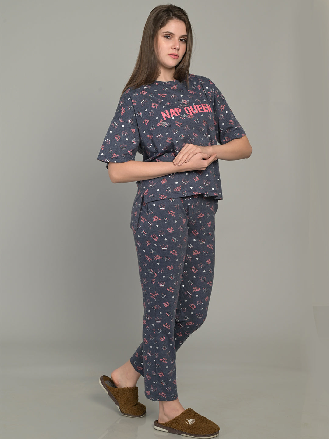 Round Neck Navy Blue Half Sleeve Tshirt & Pyjama Set