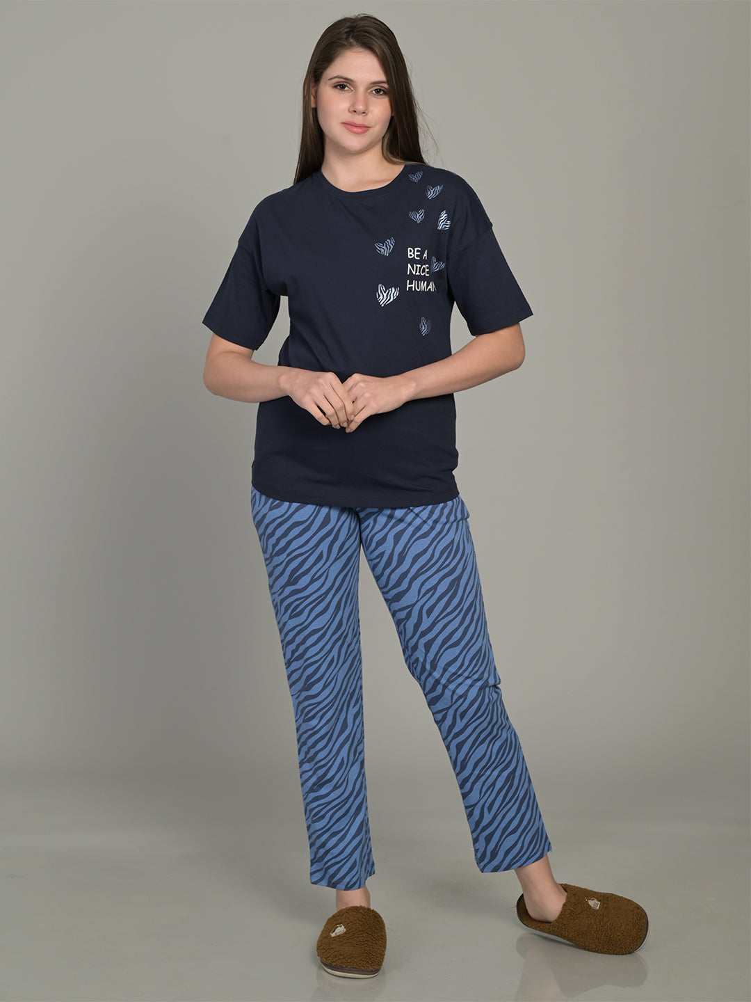 Round Neck Blue Half Sleeve Tshirt & Pyjama Set