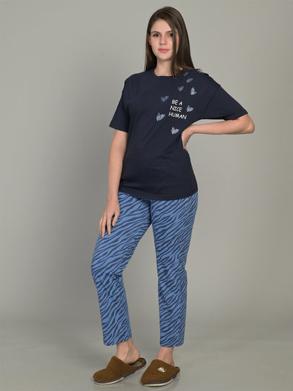 Round Neck Blue Half Sleeve Tshirt & Pyjama Set