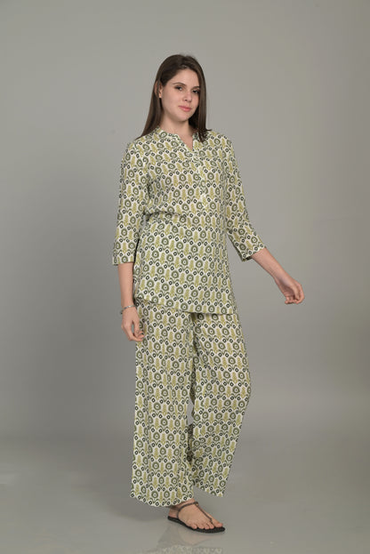 V Neck Green 3/4Th Sleeve Printed Co-Ord Set