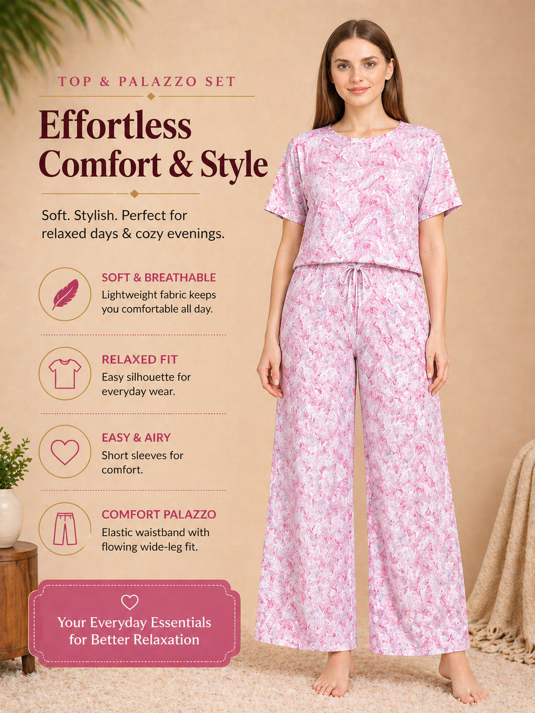 Women’s Printed Half Sleeve Top & Palazzo Set – Pink