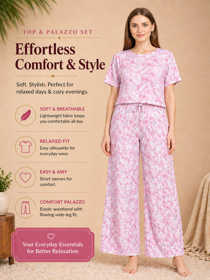 Women’s Printed Half Sleeve Top & Palazzo Set – Pink